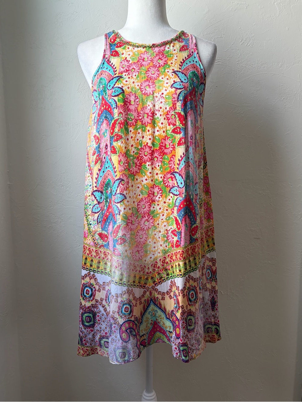 Joyous & Free Colorful Floral Paisley Beaded Shift Dress Size S
